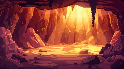 Fotobehang An ancient cave with stone walls. A game-like dungeon or Neanderthal dwellings inside. Cartoon modern illustration of a brown underground rock cavern with stalactites and light rays. © Mark