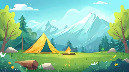 Camp in the mountains and trees with tent, wooden logs for campfire. Cartoon landscape for camping and trekking recreation, ecotourism, and nature exploration.