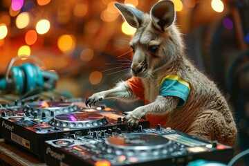 A kangaroo is playing a DJ set