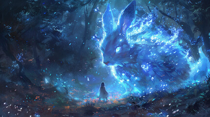 Generative AI, The Rabbit Spirit, glowing with a soft, enchanting light, and the Arctic Fox Spirit, radiating a cool, mystical aura, join forces to guide and protect a young girl as they navigate thro
