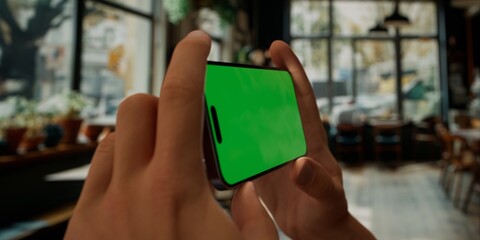 Person holding a smartphone with a green screen in a blurred cafe setting - 757020690