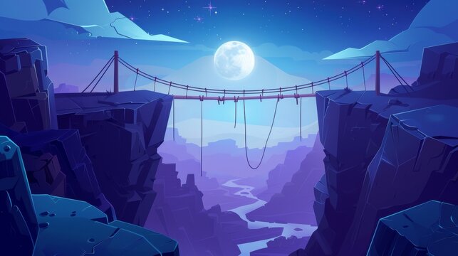 Fototapeta During the evening, a rope bridge hangs between the edges of a dangerous cliff with a gap chasm in the distance. An evening cartoon landscape shows an adventure footbridge over a canyon in the