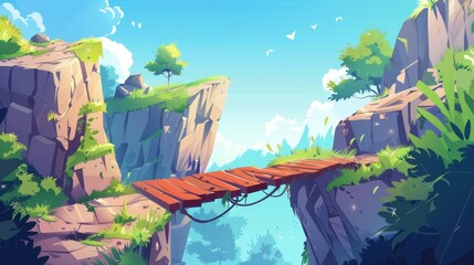 Natural landscape scene of summer day with cliffs over a dangerous chasm and a wooden log for a bridge. Modern adventure game UI illustration with footbridge road in rocks over an abyss.