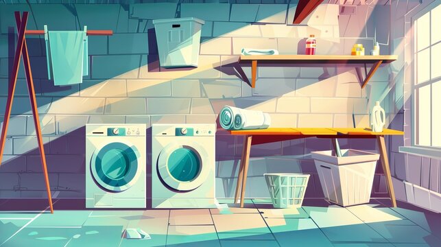 Basement room in abandoned house with broken laundry equipment. Cartoon illustration with busted washing and drying machines, ironing boards, shabby shelves and hampers.
