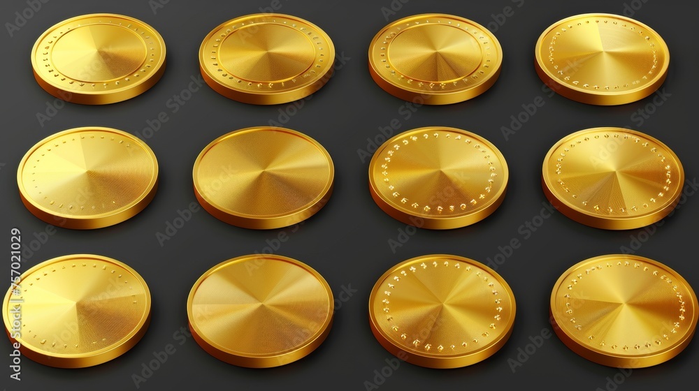 Poster three dimensional gold coin with different rotation angles. set of modern sprite sheets for rotating