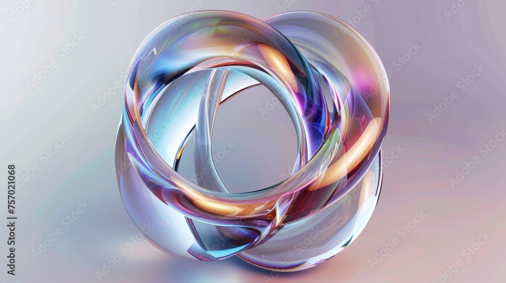 Poster abstract twisted circle of plastic or acrylic with glossy clear iridescent color surface and liquid 