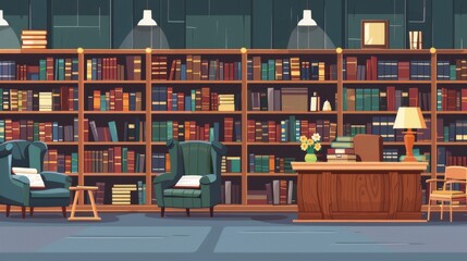 An illustration of a public library or book shop interior with books stacked on shelves, a desk with a stack of literature and lamps, chairs and an armchair, and a flowerpot. It's a cartoon