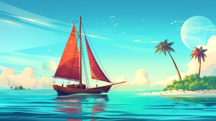 Sailboat floating on calm blue water near tropical island with palm trees. Cartoon sunny marine landscape on wooden deck with ship in harbor and red sails.
