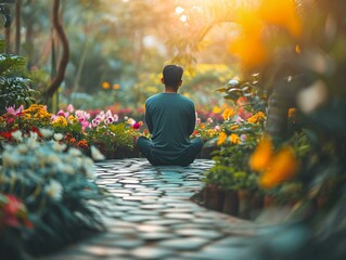 Tranquil Meditation in Flower Garden - obrazy, fototapety, plakaty