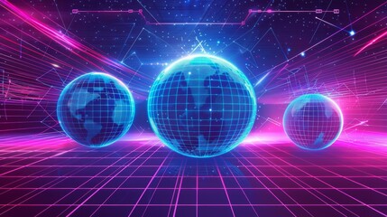 The best Y2K tech vibe banners ever! Modern realistic illustration of retrowave aesthetic posters with geometric design elements, blue wireframe torus, globe on white background, retro futuristic - obrazy, fototapety, plakaty
