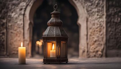 Ai generative classical Arabian and Persian lantern lamps Inside there was a single lit candle. And the lamp has details that gently imitate nature. Create a background in the atmosphere of an ancient
