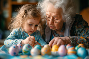 Obraz premium affectionate moment between grandmother with grandchild which painting Easter eggs at home