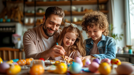 joyfully family painting Easter eggs at home. kids and father prepare for Easter