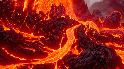 Volcanic eruption, close-up of lava flow, background