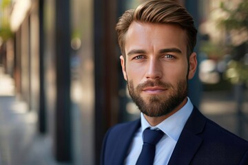 Fototapeta premium Portrait of handsome businessman in suit looking at camera while standing in office