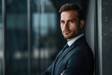 Portrait of handsome businessman in suit looking at camera while standing in office