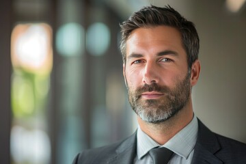 Fototapeta premium Portrait of handsome businessman in suit looking at camera while standing in office