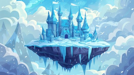 Floating fairytale castle with ice, snow, and icicles. Modern illustration of medieval fortress with towers covered with ice, snow, and icicles, winter land flying in cloudy sky, adventure game user