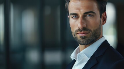 Fototapeta premium Portrait of handsome businessman in suit looking at camera while standing in office