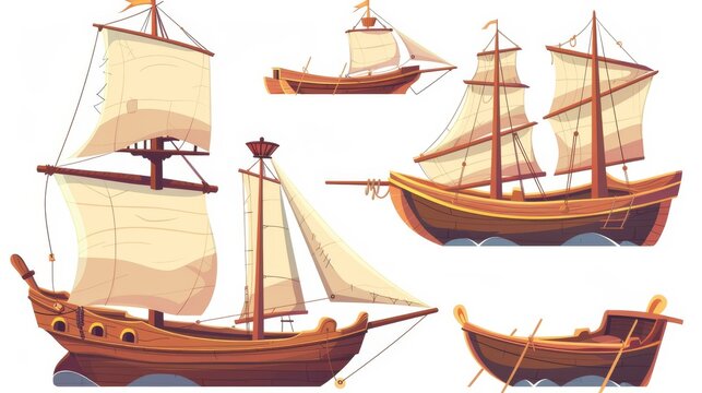 A cartoon image of a sailboat decorated with a wooden deck and bridge, a captain's dock, mast, and canvas sails. Modern illustration of a sailing ship for a game UI or children's books.