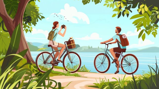 Travelers riding bicycles while traveling or participating in active recreation. Modern illustration eco tourism concept of cyclists on bicycles, woman taking pictures with her camera. Young cyclists