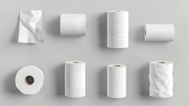 Isolated white 3D toilet paper rolls, blank cash register scroll mockups, and hygiene tissue wipes isolated on gray background.