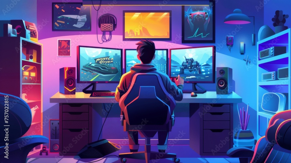 Poster a young man playing video game on his computer. cartoon image of a room with gaming setup and stream