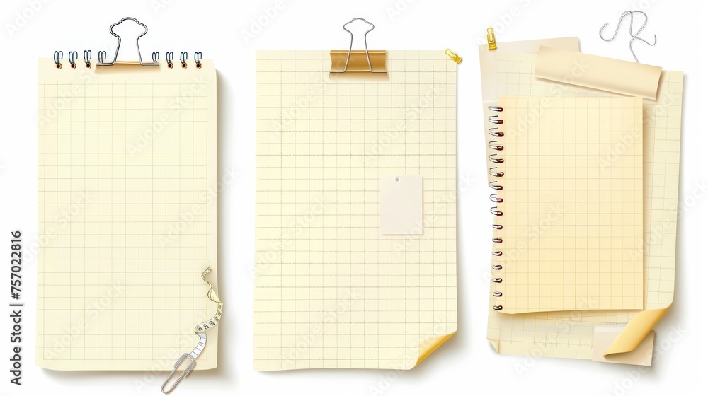 Poster mockup of an empty notebook sheet with a line, dots and checkered texture and yellow sticky writing 
