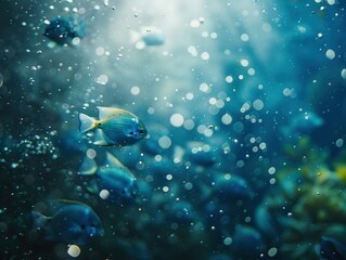 Fototapeta premium Underwater Dance of Light and Life, A dynamic underwater scene, light dances through bubbles and blue fish swim among aquatic plants, capturing the serene yet vibrant life beneath the water's surface.