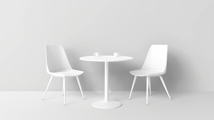 Modern realistic illustration of white 3D table and chairs isolated on black background. Suitable for trade fair booths, office conference rooms, restaurants and homes.