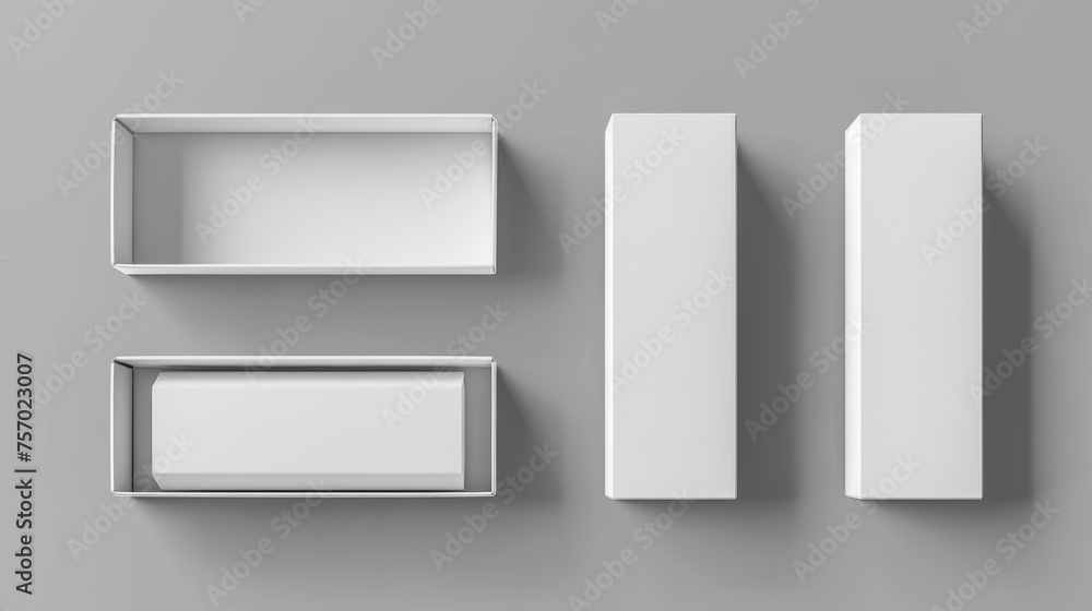 Poster a 3d set of slide boxes isolated on gray background. modern realistic illustration of an open and cl