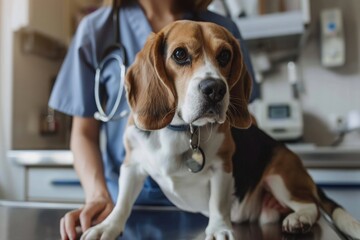 Veterinarian and Beagle dog in vet clinic. Focus on dog