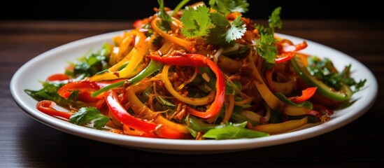 A dish of noodles and vegetables served on a white plate, atop a wooden table. This recipe combines...