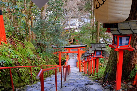 Kifune Shrine, a Shinto shrine with a lantern-lined path at Kuramakibunecho, Sakyo Ward, Kyoto, Japan