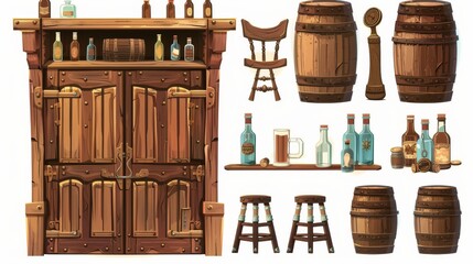 Interior elements of a western tavern and saloon. Cartoon set of old west cowboy pub furniture and stuff - wooden entrance door, bar counter, chair and stool, glass bottles and barrels of beer.