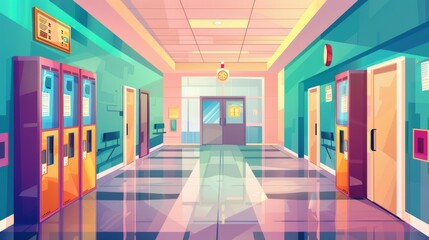 The interior of a school hallway is blank except for doors to classrooms, lockers, vending machines, and a notice board with a bulletin and bell. A cartoon modern illustration of the interior of a - obrazy, fototapety, plakaty