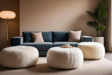 Fluffy sheepskin poufs near curved sofa against beige wall with copy space. Minimalist luxury home interior design of modern living room
