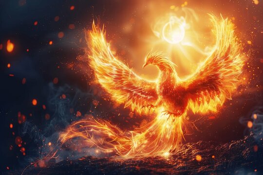 A Phoenix bird is surrounded by a circle of fire