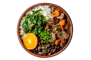top view of feijoada, a traditional Brazilian stew featuring black beans, pork, and beef, served with rice, collard greens, and orange slices.