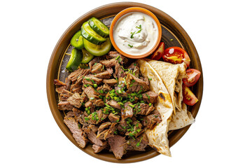 top view of a Lebanese shawarma plate, featuring thinly sliced marinated meat (usually lamb, beef, or chicken), served with garlic sauce, pickles, and flatbread.