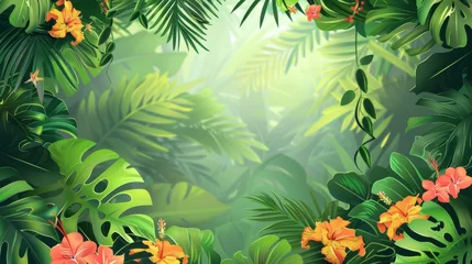 Foto op Canvas The background is a jungle setting with liana vines, green leaves and flowers framed in an orange liana vine. The backdrop has an empty space for text. It is a sunny tropical rainforest setting with © Mark