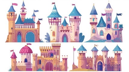 A fairytale medieval castle for a fantasy kingdom. Cartoon modern illustration of a king's fortress with a princess tower. A royal building with flags on the turrets, gates, and windows.