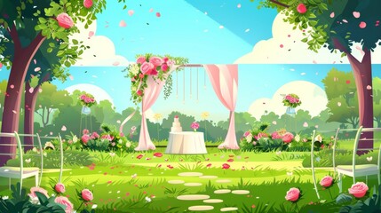 Scene of wedding ceremony in a summer garden. Modern cartoon illustration of a green park decorated with elegant pink ribbons, flowers in vases, romantic arch, wine glasses and cake on a table, and