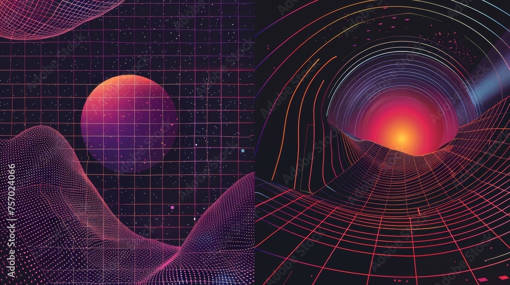 Aufkleber a poster and banner design template set with a retro y2k aesthetic with wireframe tunnels and sphere