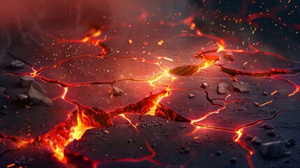 Realistic modern illustration of broken molten volcanic terrain with fracture crash, bright energy burn lightning and floating flare sparkles.