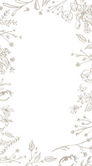 Gray and white floral frame with herbs and wild flowers. Doodle design. Vector vertical illustration