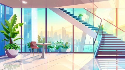Typical apartment hall with table, chairs, stairs, and balcony with glass railing. Cartoon interior with home garden on terrace and view of a modern city and skyscrapers on the background.