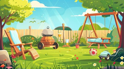 This modern cartoon illustration shows a backyard garden with furniture and fence. There is a swing, a wooden armchair, a cocktail glass on the barbecue table, a lawnmower, grass, trees and flower