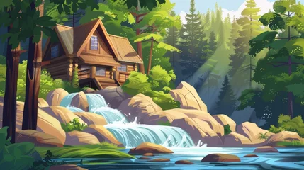 Gordijnen Cartoon modern summer landscape with wood house or cabin on riverbank, water stream flowing over big rocks, green trees, and grass, with cacophonous cascade waterfall. © Mark