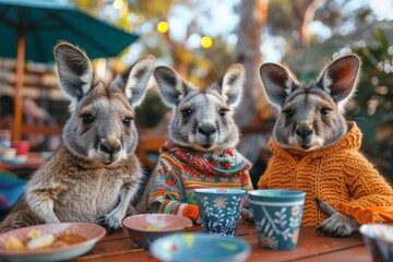 Three kangaroos are sitting at a table with cups and bowls in front of them